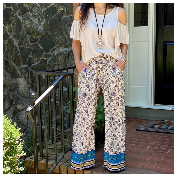 BOHO PRINT WIDE  LEG TIE FRONT PANTS - Picture 12 of 12